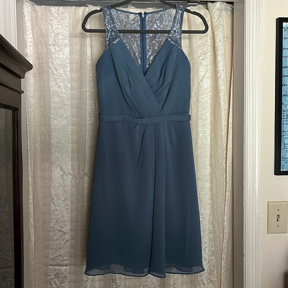 David’s Bridal steel blue bridesmaid dress